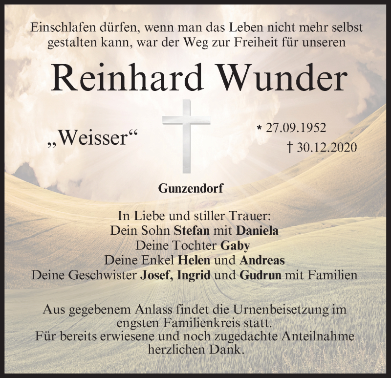  Traueranzeige für Reinhard Wunder vom 04.01.2021 aus MGO