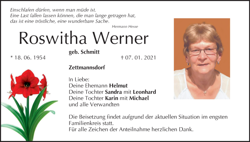  Traueranzeige für Roswitha Werner vom 09.01.2021 aus MGO