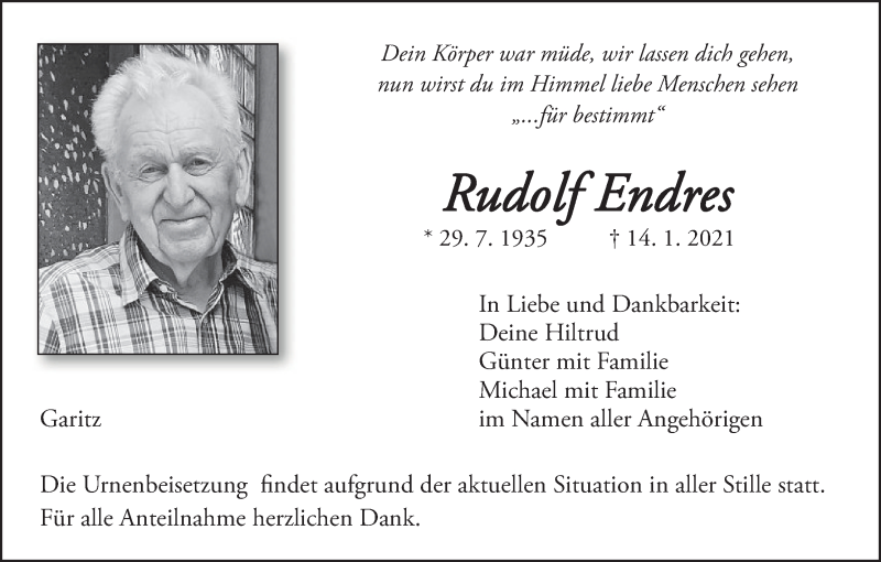  Traueranzeige für Rudolf Endres vom 20.01.2021 aus MGO