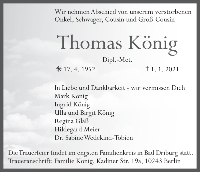  Traueranzeige für Thomas König vom 09.01.2021 aus MGO