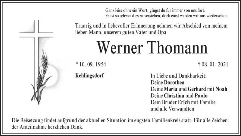  Traueranzeige für Werner Thomann vom 12.01.2021 aus MGO