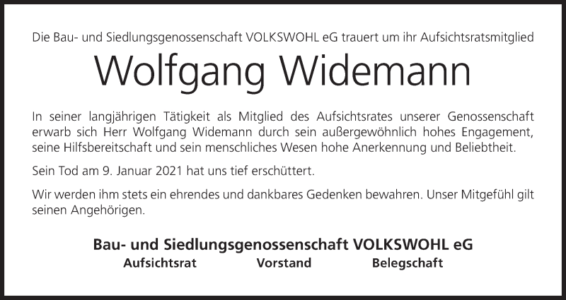  Traueranzeige für Wolfgang Widemann vom 16.01.2021 aus MGO