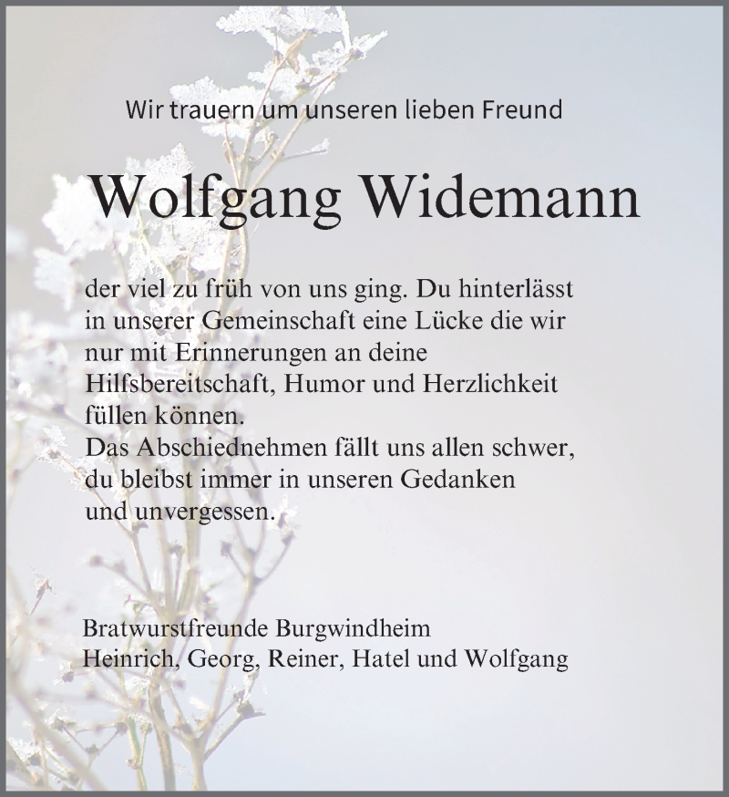  Traueranzeige für Wolfgang Widemann vom 16.01.2021 aus MGO