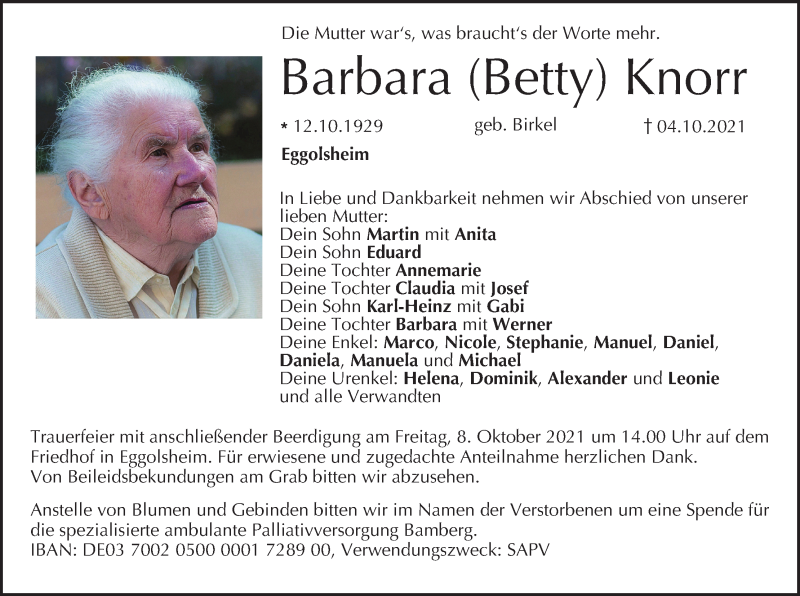  Traueranzeige für Barbara Knorr vom 06.10.2021 aus MGO