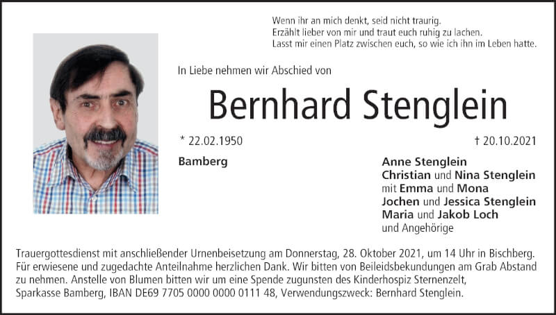  Traueranzeige für Bernhard Stenglein vom 23.10.2021 aus MGO