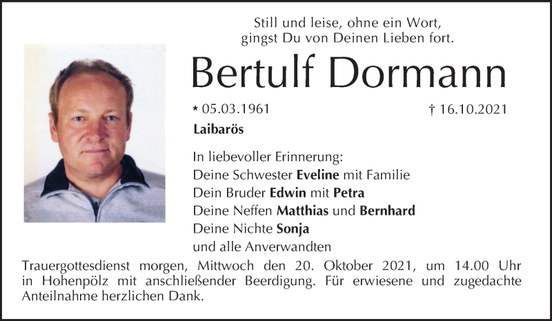  Traueranzeige für Bertulf Dormann vom 19.10.2021 aus MGO