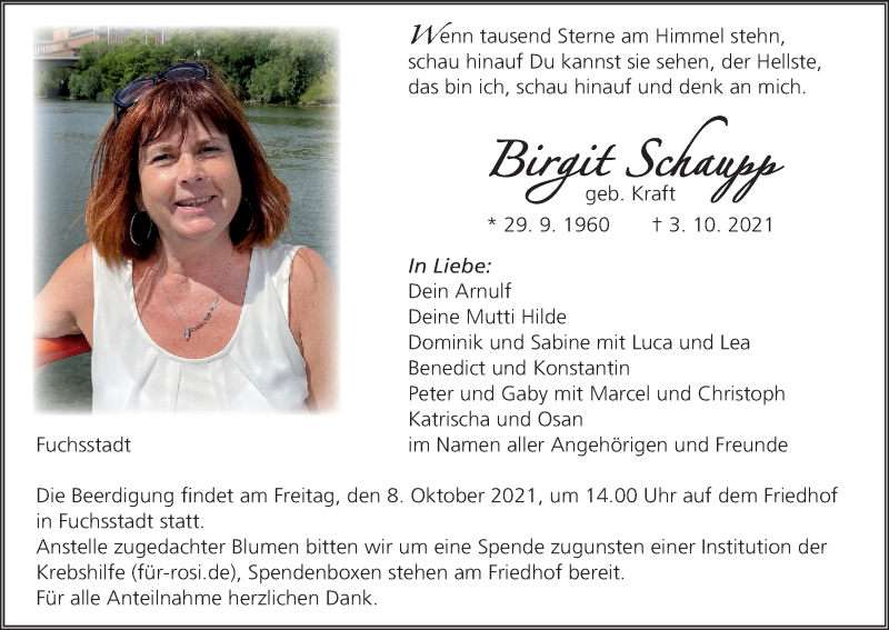  Traueranzeige für Birgit Schaupp vom 06.10.2021 aus MGO
