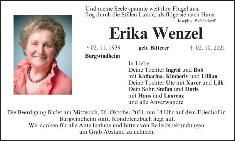  Traueranzeige für Erika Wenzel vom 05.10.2021 aus MGO