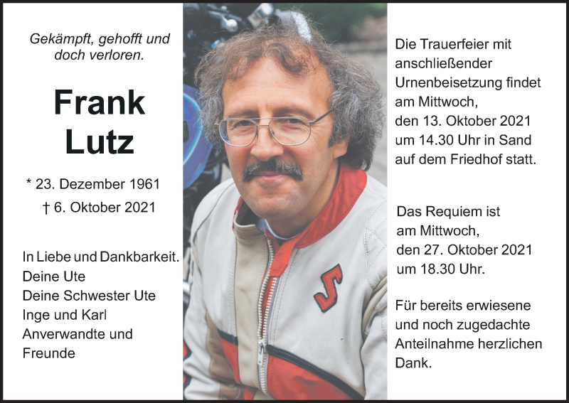  Traueranzeige für Frank Lutz vom 09.10.2021 aus MGO