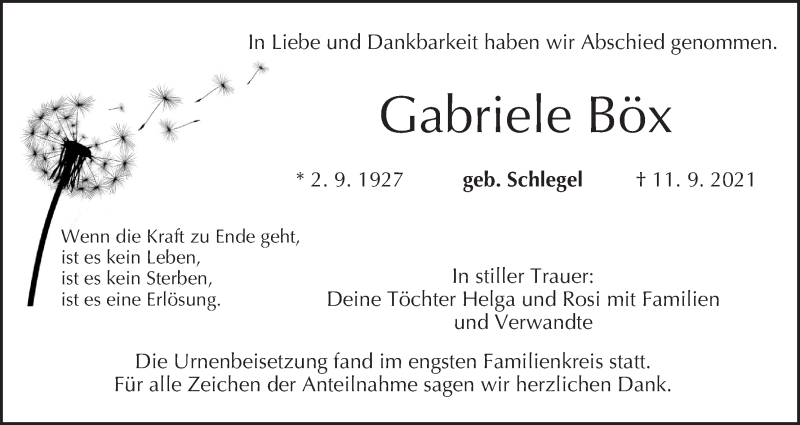  Traueranzeige für Gabriele Böx vom 09.10.2021 aus MGO
