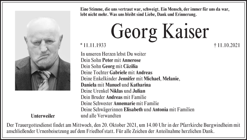  Traueranzeige für Georg Kaiser vom 16.10.2021 aus MGO