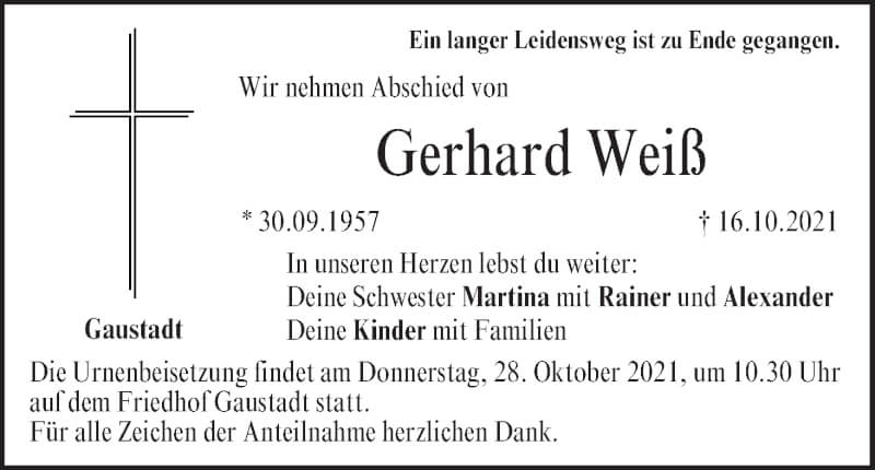  Traueranzeige für Gerhard Weiß vom 23.10.2021 aus MGO