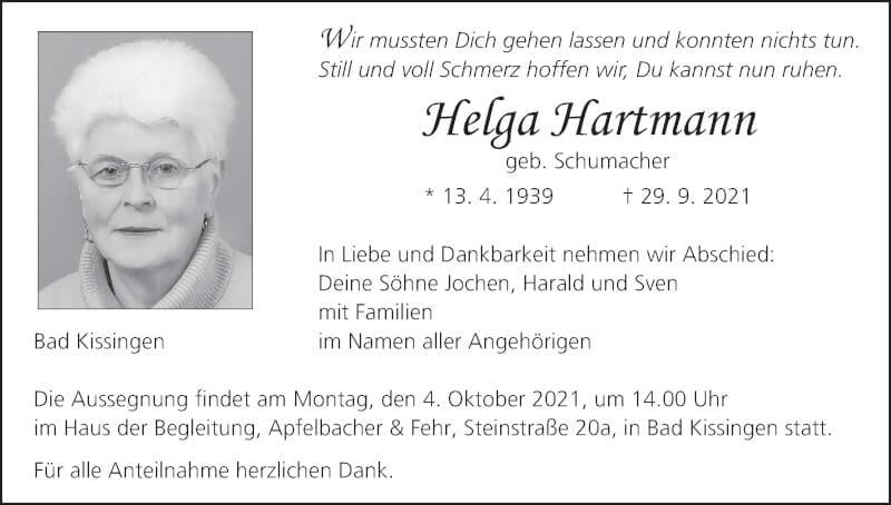  Traueranzeige für Helga Hartmann vom 02.10.2021 aus MGO