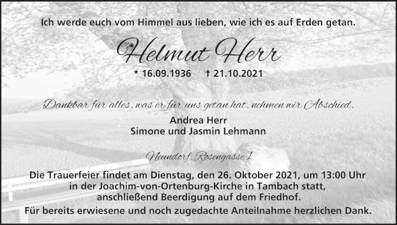  Traueranzeige für Helmut Herr vom 23.10.2021 aus MGO