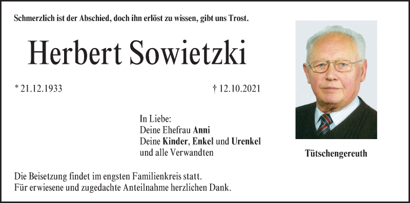  Traueranzeige für Herbert Sowietzki vom 16.10.2021 aus MGO