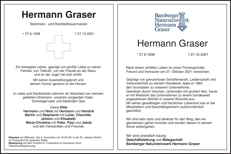  Traueranzeige für Hermann Graser vom 30.10.2021 aus MGO