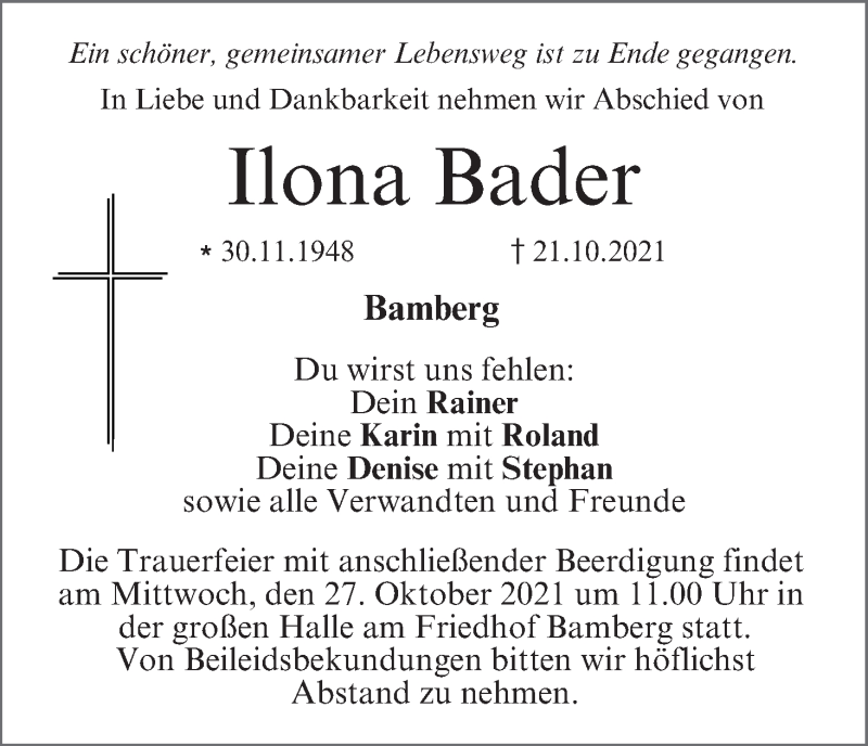  Traueranzeige für Ilona Bader vom 26.10.2021 aus MGO