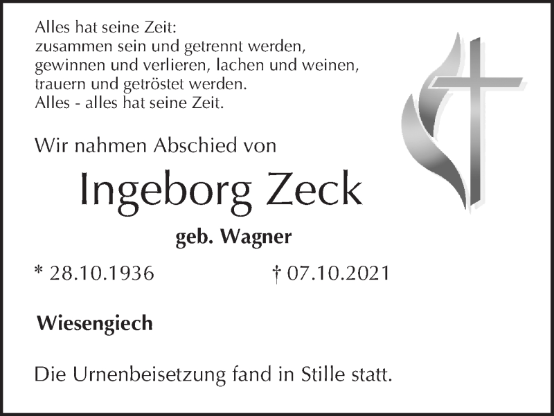  Traueranzeige für Ingeborg Zeck vom 16.10.2021 aus MGO