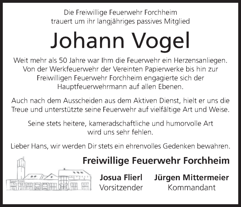  Traueranzeige für Johann Vogel vom 13.10.2021 aus MGO