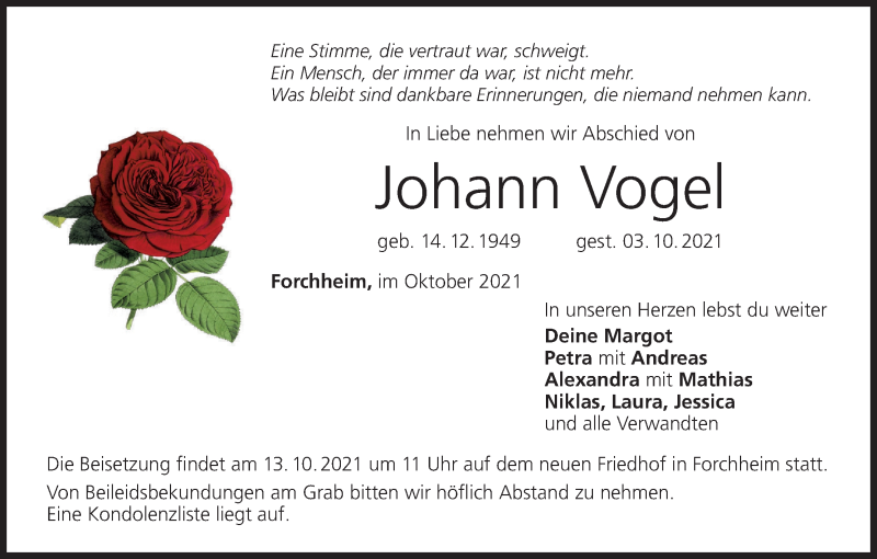  Traueranzeige für Johann Vogel vom 09.10.2021 aus MGO