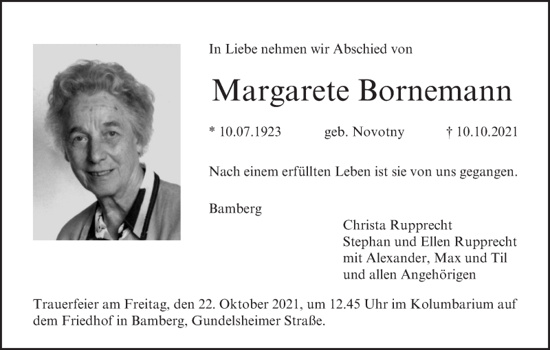  Traueranzeige für Margarete Bornemann vom 20.10.2021 aus MGO