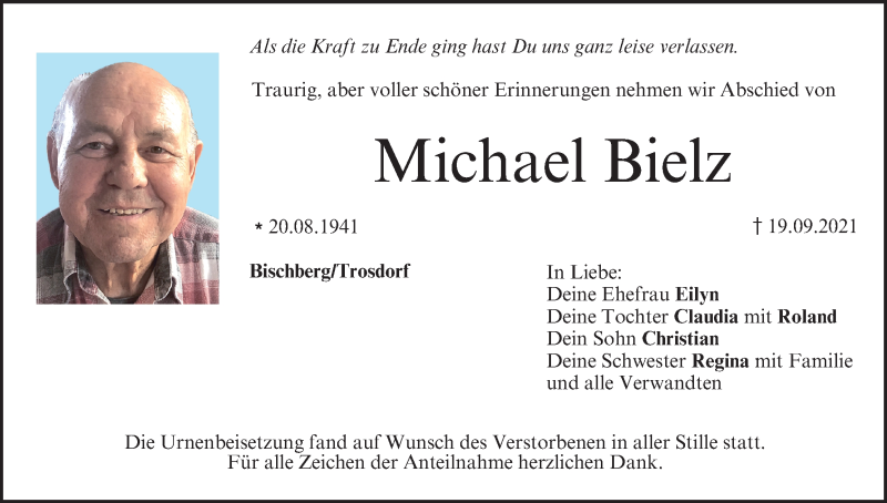  Traueranzeige für Michael Bielz vom 09.10.2021 aus MGO