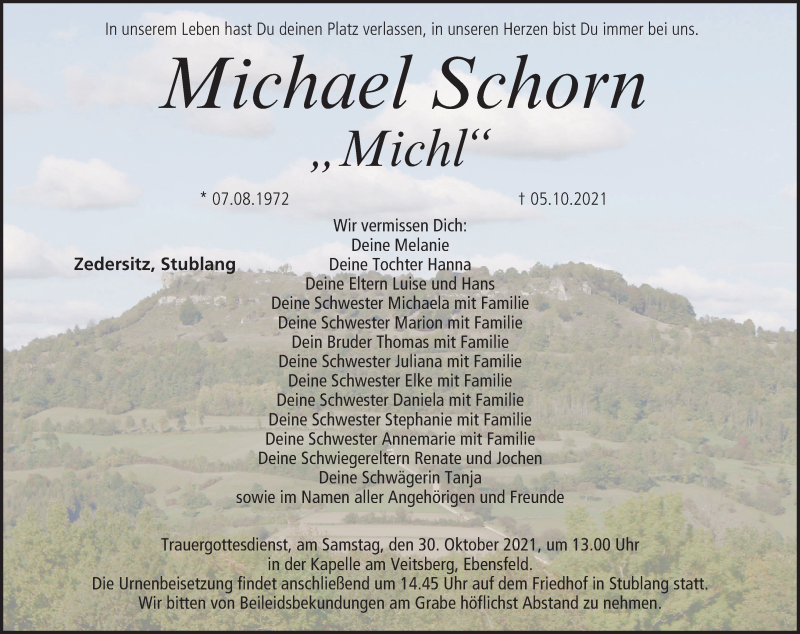  Traueranzeige für Michael Schorn vom 28.10.2021 aus MGO