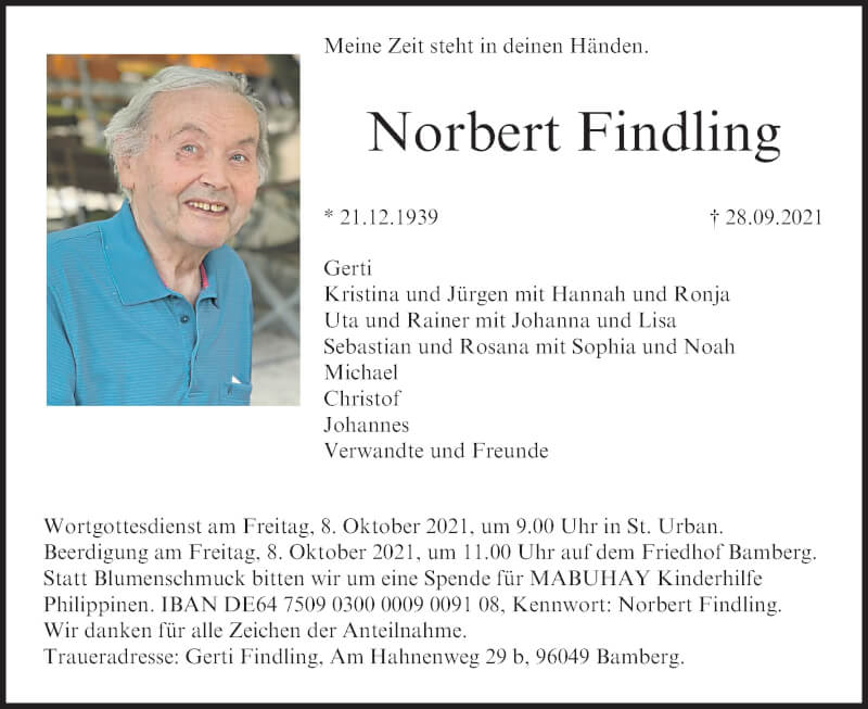  Traueranzeige für Norbert Findling vom 02.10.2021 aus MGO