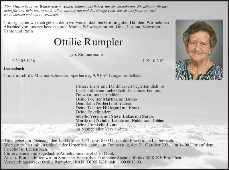  Traueranzeige für Ottilie Rumpler vom 16.10.2021 aus MGO