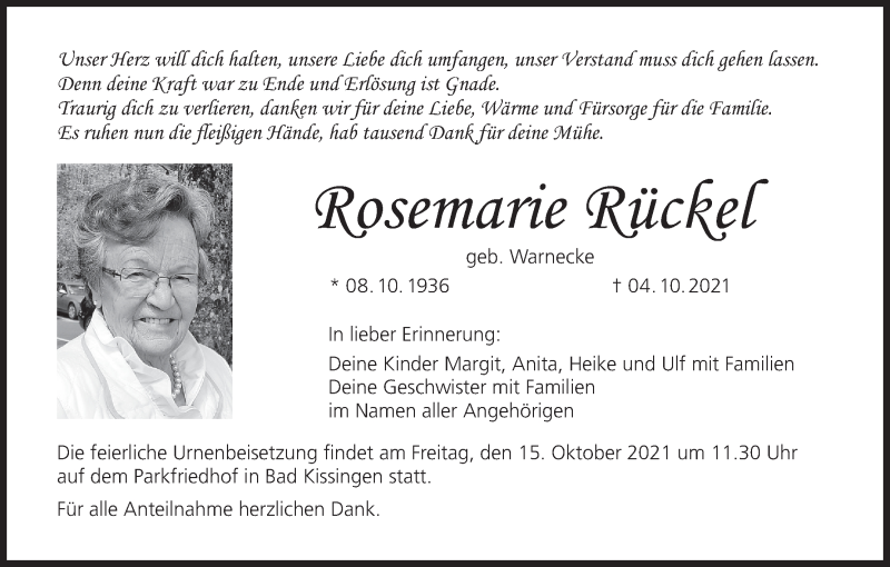  Traueranzeige für Rosemarie Rückel vom 09.10.2021 aus MGO
