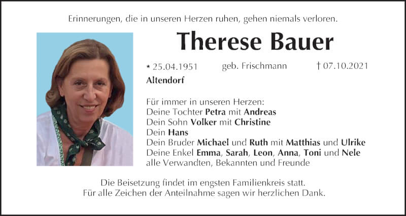  Traueranzeige für Therese Bauer vom 23.10.2021 aus MGO