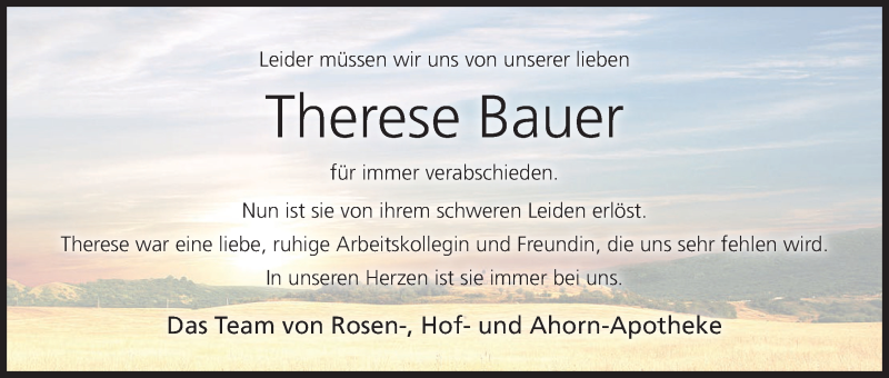 Traueranzeige für Therese Bauer vom 29.10.2021 aus MGO