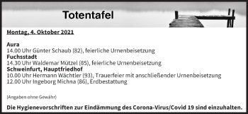 Anzeige von Totentafel vom 04.10.2021 von MGO