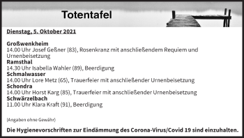 Anzeige von Totentafel vom 05.10.2021 von MGO