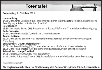 Anzeige von Totentafel vom 07.10.2021 von MGO