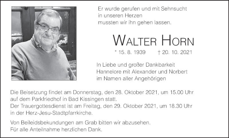  Traueranzeige für Walter Horn vom 23.10.2021 aus MGO