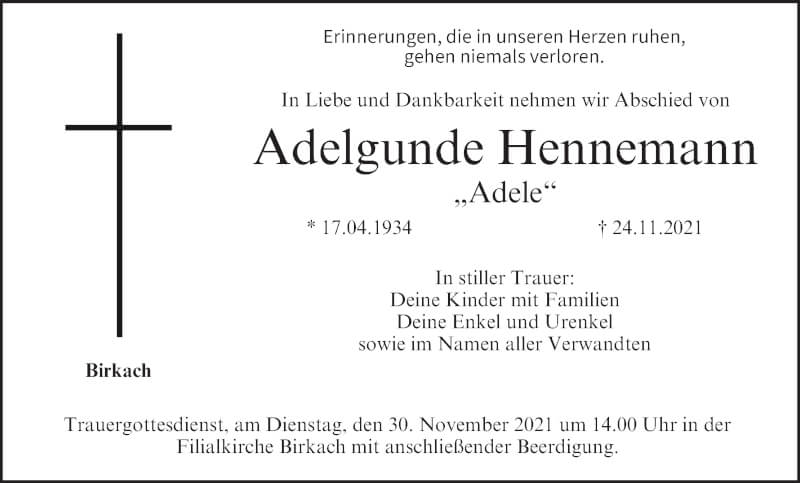  Traueranzeige für Adelgunde Hennemann vom 27.11.2021 aus MGO