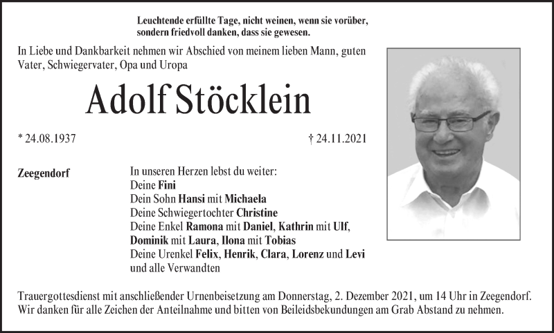 Traueranzeige für Adolf Stöcklein vom 29.11.2021 aus MGO