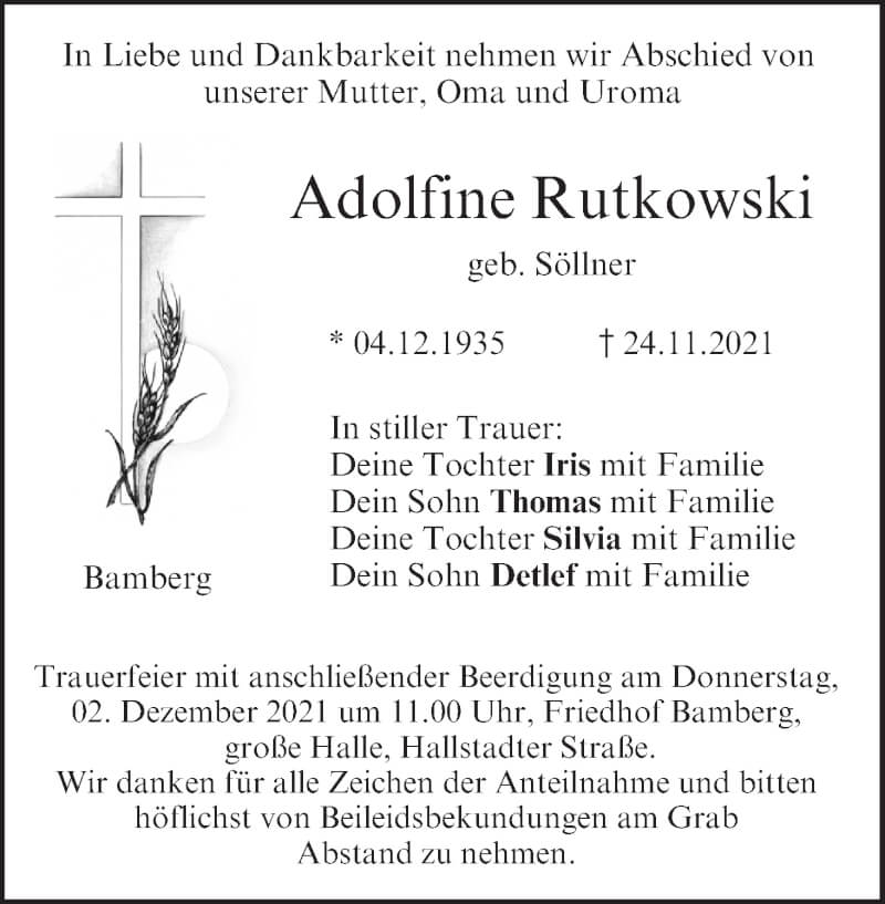  Traueranzeige für Adolfine Rutkowski vom 27.11.2021 aus MGO
