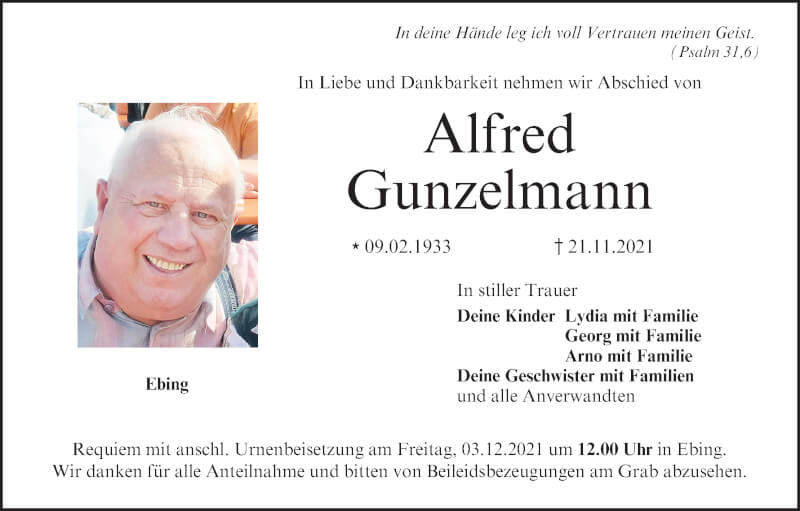  Traueranzeige für Alfred Gunzelmann vom 27.11.2021 aus MGO