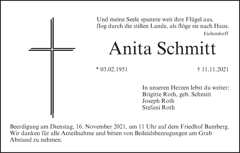  Traueranzeige für Anita Schmitt vom 13.11.2021 aus MGO