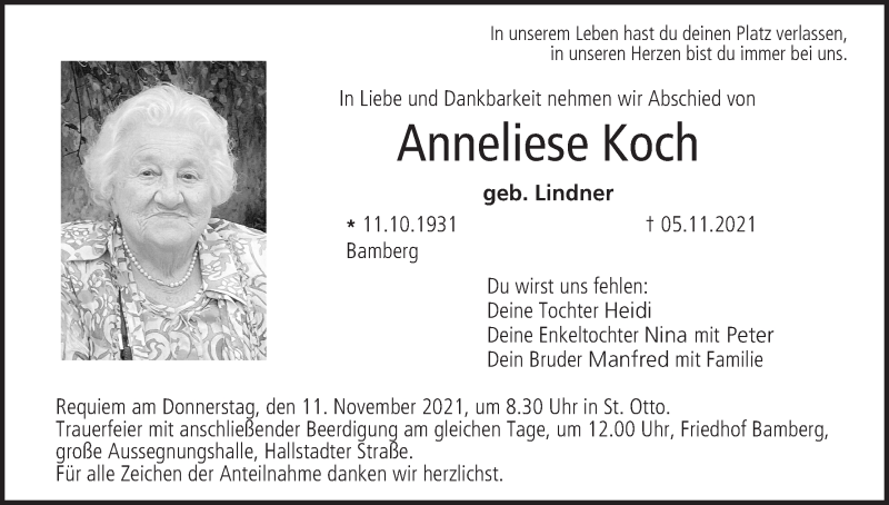  Traueranzeige für Anneliese Koch vom 09.11.2021 aus MGO