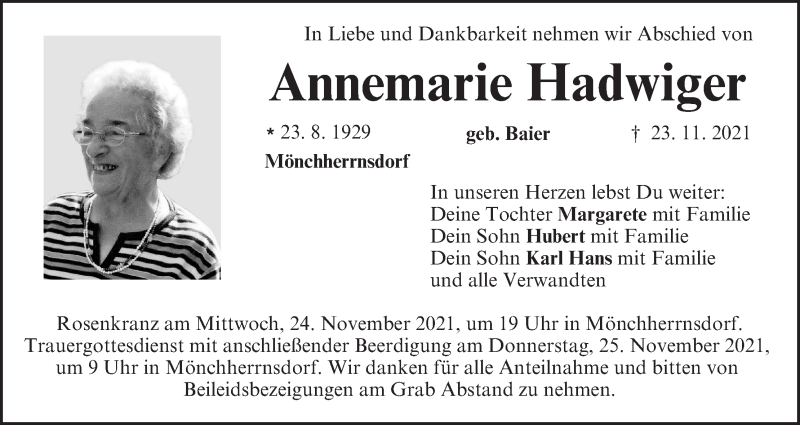  Traueranzeige für Annemarie Hadwiger vom 24.11.2021 aus MGO