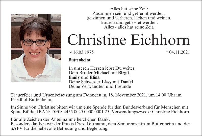  Traueranzeige für Christine Eichhorn vom 13.11.2021 aus MGO