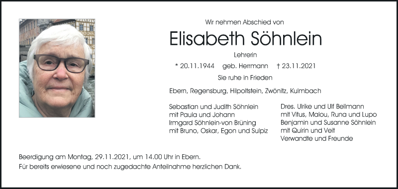  Traueranzeige für Elisabeth Söhnlein vom 25.11.2021 aus MGO