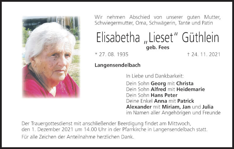  Traueranzeige für Elisabetha Güthlein vom 27.11.2021 aus MGO