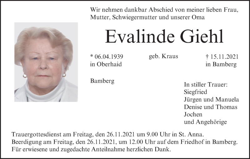  Traueranzeige für Evalinde Giehl vom 24.11.2021 aus MGO