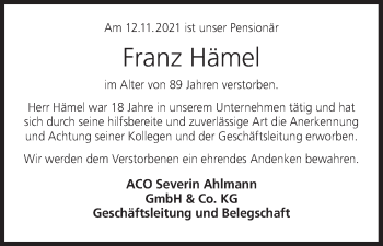 Anzeige von Franz Hämel von MGO