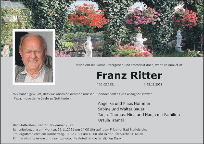  Traueranzeige für Franz Ritter vom 27.11.2021 aus MGO