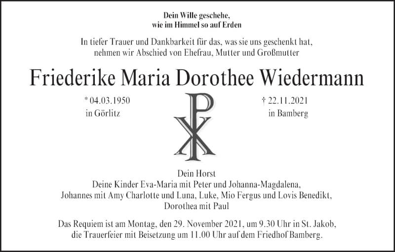  Traueranzeige für Friederike Maria Dorothee Wiedermann vom 27.11.2021 aus MGO